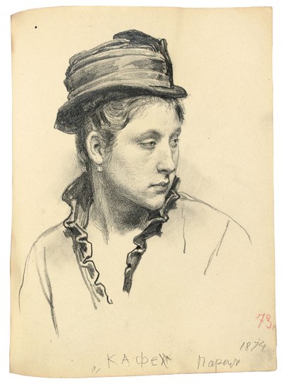 Žena s kloboukem, hlava otočená na stranu, 1874 od Ilya Efimovich Repin
