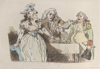 Dědička mladé ženy se připravuje k podpisu dokumentu, 1780-1800., 1780-1800. od Imitator of Thomas Rowlandson.