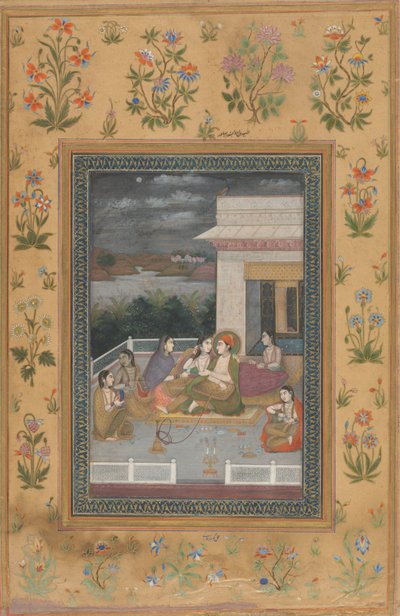 Pár na terase obklopený průvodci a hudebníky od Indian 18th Century