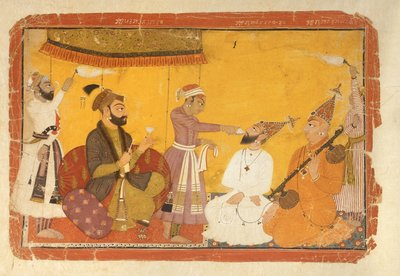 ]7.110359 Gosain Narayan bere jed v přítomnosti císaře Jahangira, Nurpur, škola Pahari, 1725 od Indian School