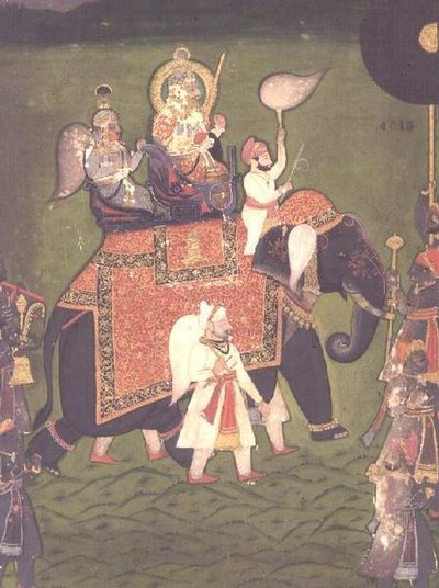 AS10 Album 43 č. 4515 Rana Jawan Singh (1828-38) z Mewar jezdí na slonovi caparisoned, cca 1835 (neprůhledný akvarel) od Indian School