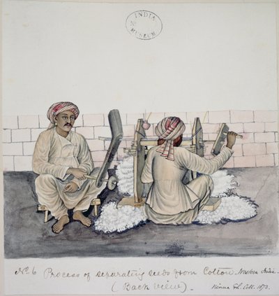 AS10 Vol.52 ff.3 4896.kat.201 i-iv Dva muži vyzrňující bavlnu, Bombay, kolem roku 1873 (akvarel na papíře) od Indian School