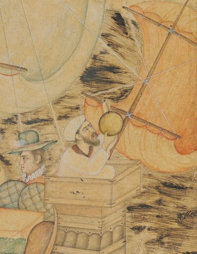 A Caravel Attacked by a Sea Monster, Mughal India, cca 1590 (neprůhledné pigmenty zvýrazněné zlatem a stříbrem na papíře) od Indian School