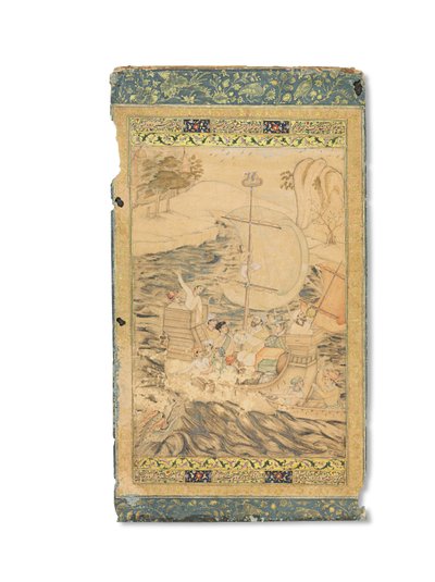 A Caravel Attacked by a Sea Monster, Mughal India, cca 1590 (neprůhledné pigmenty zvýrazněné zlatem a stříbrem na papíře) od Indian School