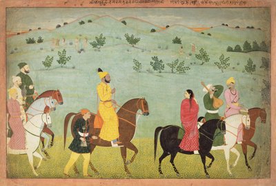 Jasrotský princ, možná Balwant Singh, na jezdecké výpravě, Nainsukh (fl. 1740-50) Kašmír, kolem 1751 od Indian School