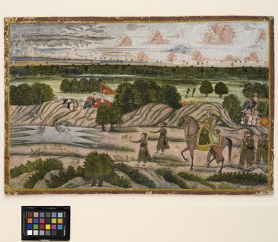Nawab a jeho svěřenci na lovecké výpravě, kolem roku 1780 (neprůhledný akvarel a zlato na papíře) od Indian School