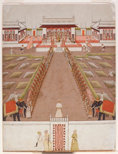 Nawab držící dvůr v pavilonu, za alejí sluhů a dvou slonů, kolem roku 1765 (neprůhledné wc a zlato na papíře) od Indian School