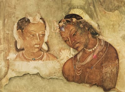 Princezna a její sluha, kopie fresky z jeskyní Ajanta v Indii od Indian School