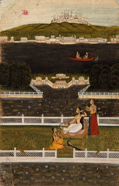 Krásná žena na terase u jezera, cca 1770 (neprůhledné wc a zlato na papíře) od Indian School