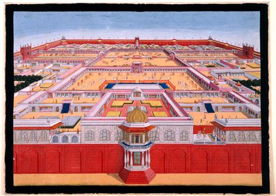 Pohled na Červenou pevnost v Dillí z ptačí perspektivy od východu, na němž je vidět císař, pravděpodobně šáh Alam (1759-1806), jak vstupuje do Diwan-i-Khas vpravo, asi 1780-90 (neprůhledný akvarel). od Indian School