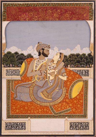 Pár objetí na terase, cca 1835 (neprůhledné wc, lak, zlato a sklo na papíře) od Indian School
