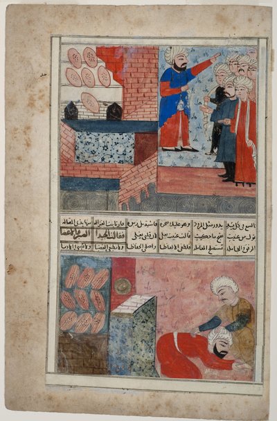 Skupina mužů před pekárnou, 1567-99 (neprůhledné wc a zlato na papíře) od Indian School