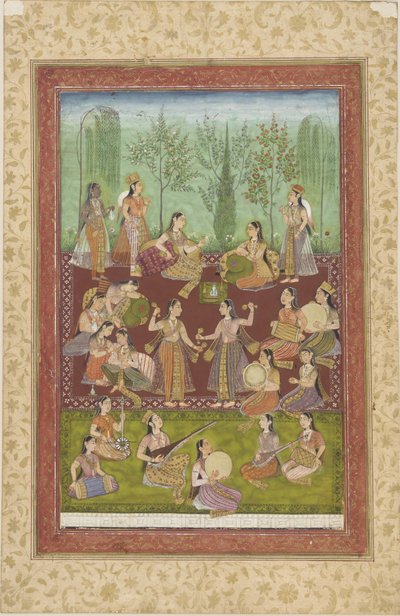 Skupina žen v zahradě, baví se hudbou a tancem (barva a zlato na papíře) od Indian School