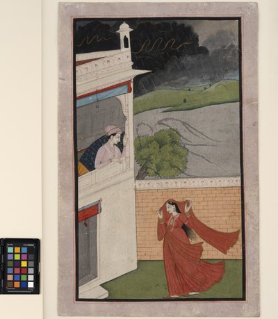 Dáma přichází do domu svého milence v bouři, kolem roku 1830 (neprůhledné w/c a zlato na papíře) od Indian School