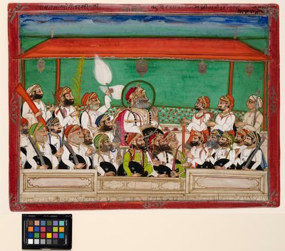 Maharana kouřící vodní dýmku v durbaru, kolem roku 1870 (neprůhledný akvarel a zlato na papíře) od Indian School