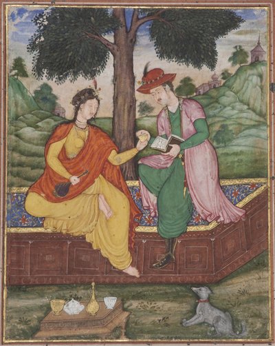 Muž a žena sedící pod stromem, cca 1590 (neprůhledné wc na papíře) od Indian School