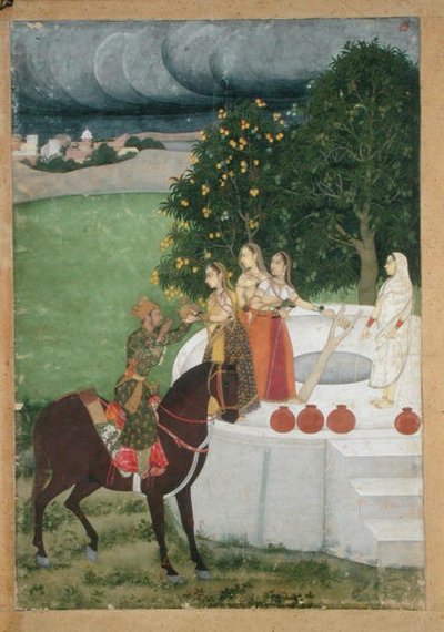 Nasedlý princ přijímající vodu od dam u studny, miniatura z Murshidabadu, kolem roku 1760 (kvaš na papíře) od Indian School