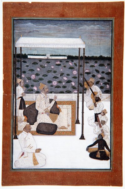 Šlechtic poslouchá hudbu pod baldachýnem na terase u jezera, kolem 1680 (neprůhledné wc a zlato na papíře) od Indian School