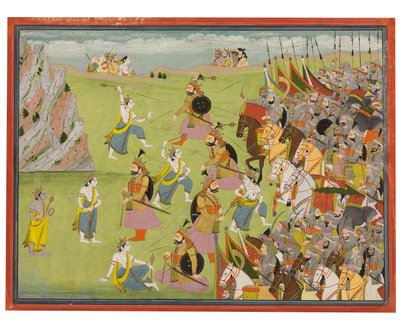 Obraz z Mahábháraty: Balabhadra bojující s Džarásandhou, Kangra nebo Garhwal, kolem 1810-20 od Indian School