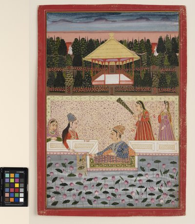 Princ a princezna si hrají s prskavkami u lotosového bazénu, cca 1760 (neprůhledný akvarel a zlato na papíře) od Indian School