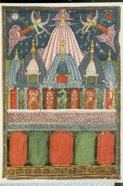 Chrám obsahující obraz Venu-gopala-Krišny se dvěma tančícími dívkami vystupujícími pro božstvo, 1823 od Indian School