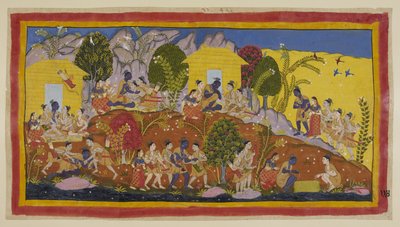 Add 15296 (1) f.114r, Nahoře uprostřed se Bharata a Shatrughna vrhají k nohám Rámy, který objímá své mladší bratry a cítí hlavy Sitaeir. Ráma si je vezme na klín, když žádá o jejich blaho a blaho jejich otce, a h od Indian School