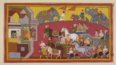 Add 15296 (1) f.128r, Vozy Vasisthy a princů za účasti různých ministrů a lidí vjíždějí do města Nandigrama. od Indian School