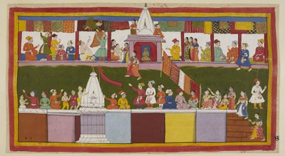 Add 15296 (1) f.16r, Na hlavní ulici ve městě Ayodhya vzrušení obchodníci zdobí své obchody svými nejlepšími brokáty, zatímco lidé šplhají po střechách domů a přes chrámy, aby zajistili nejlepší pohled na korunovaci proc od Indian School
