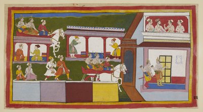 Add 15296 (1) f.85r, Princové ve svém voze projíždějí hlavní ulicí v Ayodhya, divíce se, jak se město změnilo od doby, kdy ho opustili, a pak vstoupili do paláce s tázavými gesty. V horní místnosti se schází bráhman a tři ministři od Indian School