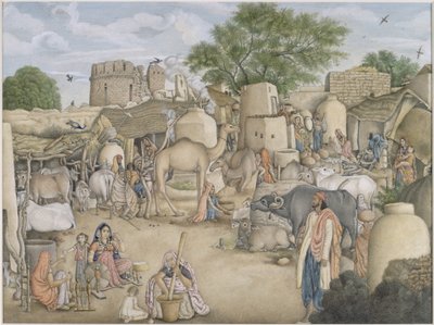 Přidat Or.4057 Pouliční scéna ve vesnici Raniya, kolem 1816-20 (akvarel a kvaš na papíře) od Indian School