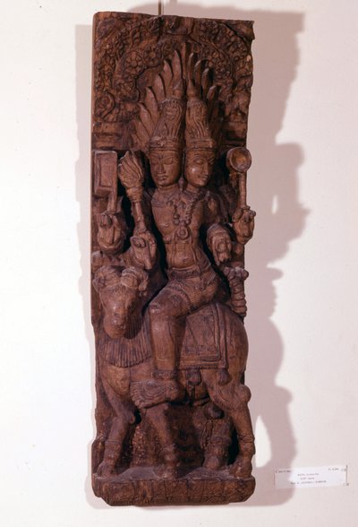 Agni, bůh ohně, zobrazený se dvěma hlavami (bicephal) na beranu, podle hinduistické mytologie. Dřevěná plastika 17. století. Paříž, Musée Guimet. od Indian School