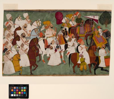Akhi Singh na koni se svým doprovodem, kolem roku 1750 (neprůhledný akvarel a zlato na papíře) od Indian School
