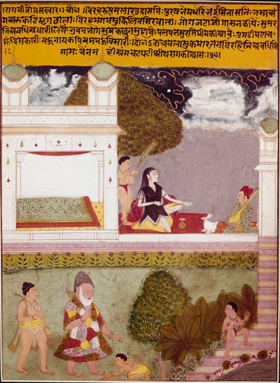 Ascete poslouchá hudbu na terase miniaturního paláce indické školy, kolem roku 1760. Soukromá sbírka od Indian School