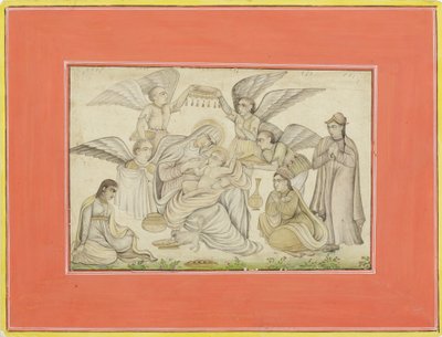 Angels Attend Mary and Jesus, c.1665 (neprůhledné wc a zlato na papíře) od Indian School