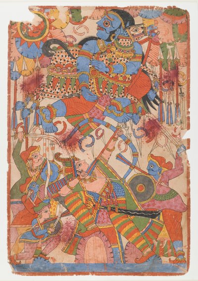 Arjunas hrdinský čin v bitvě, ze série Mahabharata, kolem 1830-50 (inkoust a barva na papíře) od Indian School