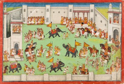 Příjezd ženicha do paláce, folio z Rámájany, cca 1640-1650 od Indian School