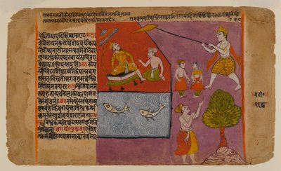 Balarama táhne Hastinapur směrem ke Gangě, stránka ze série Bhagavata Dasamskanda, polovina 17. století (wc, zlato a stříbro na papíře) od Indian School