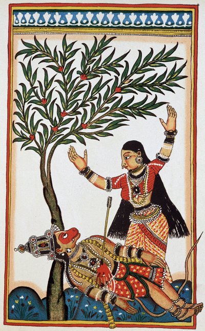Bali zabit šípem, vedle něj Tara jeho žena, litho osmnáctá. od Indian School