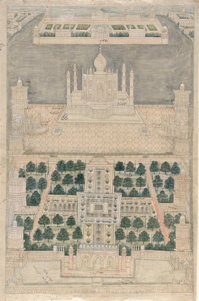 Pohled z ptačí perspektivy na Tádž Mahal v Ágře, 1790-1810 od Indian School