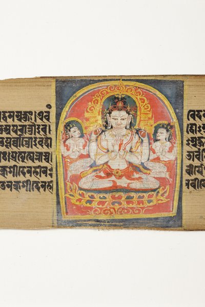 Bódhisattva Sadakshi Awolokiteshwara and Attendants, CII-1 (OPQ w & inc na palmovém listu) od Indian School