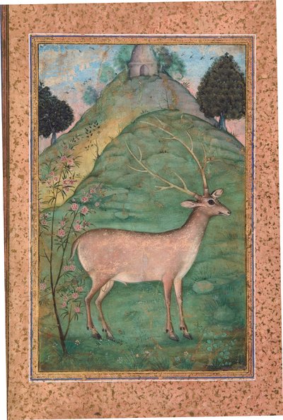 Buck in a Landscape, cca 1595 (neprůhledné wc a zlato na papíře) od Indian School