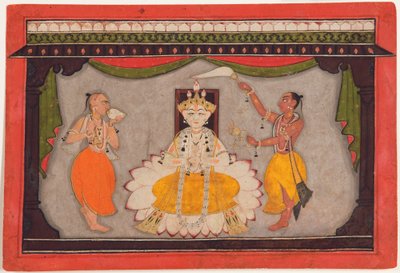 Buddha avatar Višnua, cca 1700 (neprůhledné wc, zlaté a broučí krunýře na papíře) od Indian School