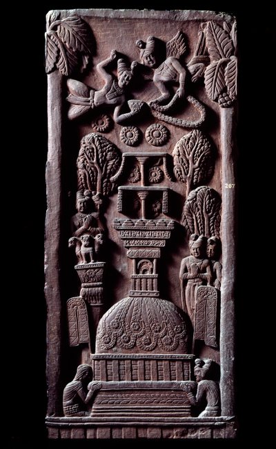 Buddhismus: “” Mahaparinirva a ou parinirvana, konec pozemské existence Buddhy, dosažení nirvány”” (Parinirvana, konečná nirvána, ke které dochází po smrti těla Buddhy) detail du stupa de Bharhut (Barhut, Barouth) Nízký reliéf černé od Indian School