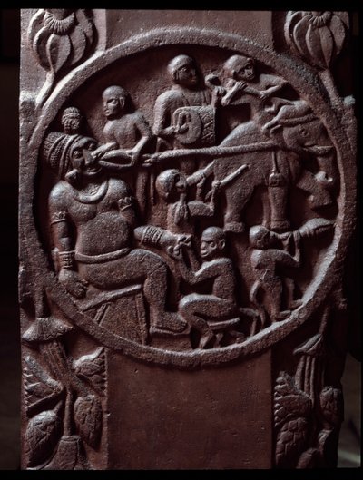 Buddhismus: „Opice chytí slona a přetáhnou ho, aby vytrhly obrovi zub) detail du stupa de Bharhut (Barhut, Barouth) Nízký reliéf černého kamene, 2. století př. n. l. (2. století př. n. l.) – Kalkata, indické muzeum od Indian School
