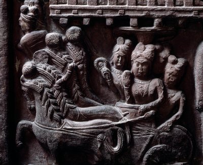 Buddhismus: “” Poslední návštěva Prasendžita u Buddhy” (poslední návštěva Prasandžita u Buddhy) detail du stupa de Bharhut (Barhut, Barouth) Nízký reliéf černého kamene, 2. století př. n. l. (2. století př. n. l.) - Kalkata, indické muzeum od Indian School