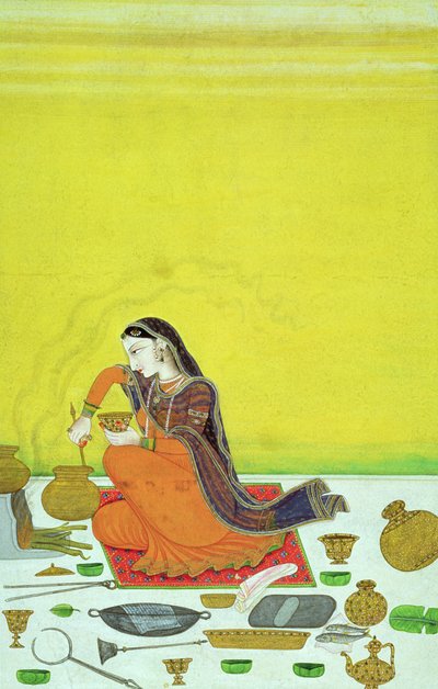CBL In 11B.30 Dáma připravuje jídlo, miniatura ze série Bhagavata Purana, Kangra, kolem roku 1810 od Indian School