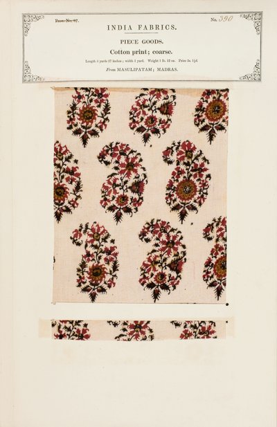 Vzorek hrubého bavlněného tisku z Masulipatamu v Madrásu, ze sbírky The Collection of the Textile Manufacturers of India od Johna Forbese Watsona, vydané v roce 1866. od Indian School