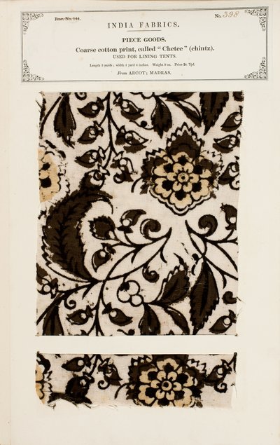 Vzorek hrubé bavlny se vzorem chetee (chintz) z Arcotu v Madrásu, ze sbírky The Collection of the Textile Manufacturers of India od Johna Forbese Watsona, vydané v roce 1866. od Indian School