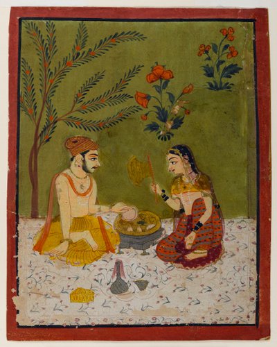 Pár sedící pod stromem, cca 1700 (wc a zlato na papíře) od Indian School