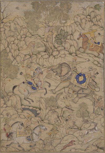 Danger in a Lion Hunt, cca 1600 (neprůhledné wc na papíře) od Indian School